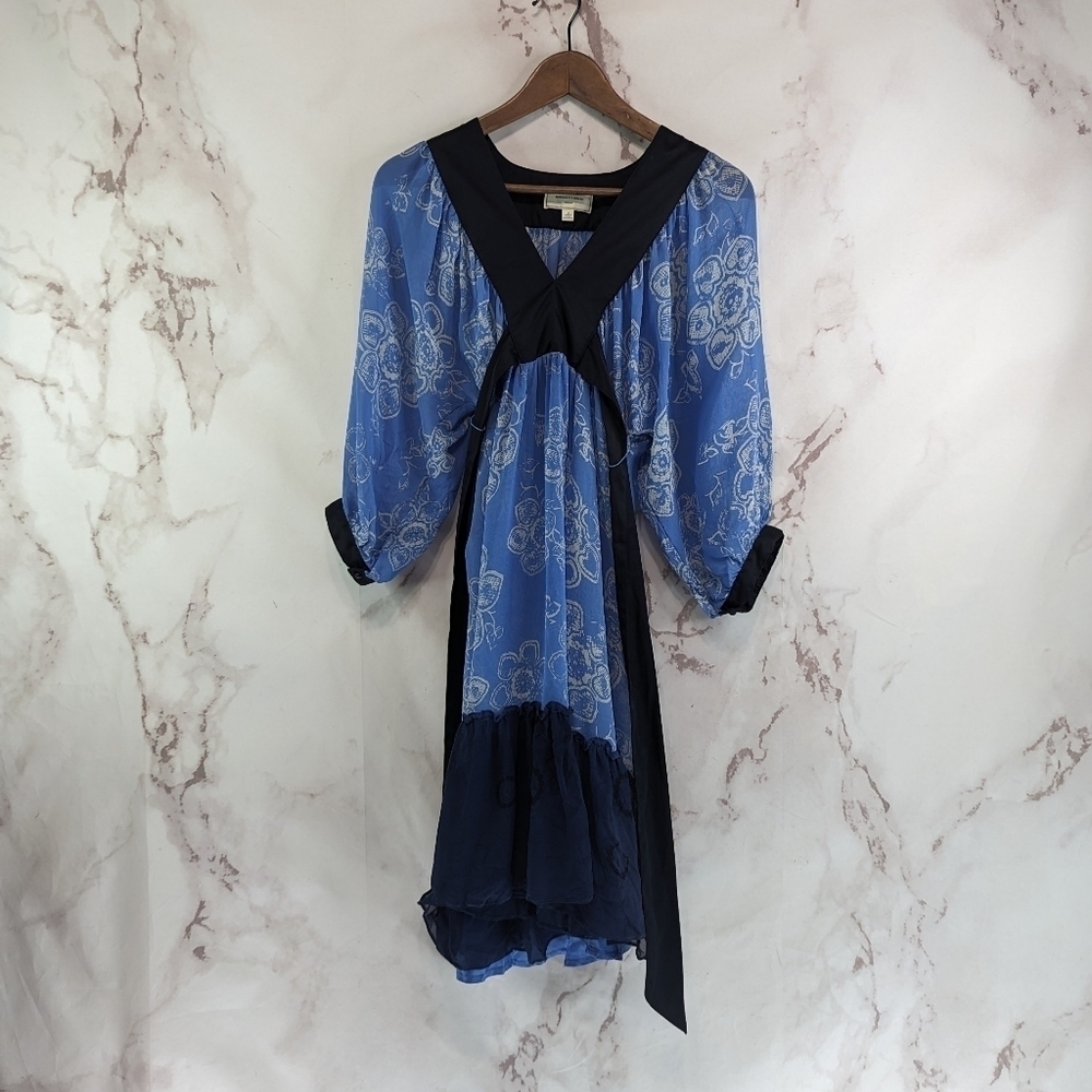 Anthropologie Dress Women Xs 2 Blue Silk Print Tie Mini Moulinette Soeurs Kimono